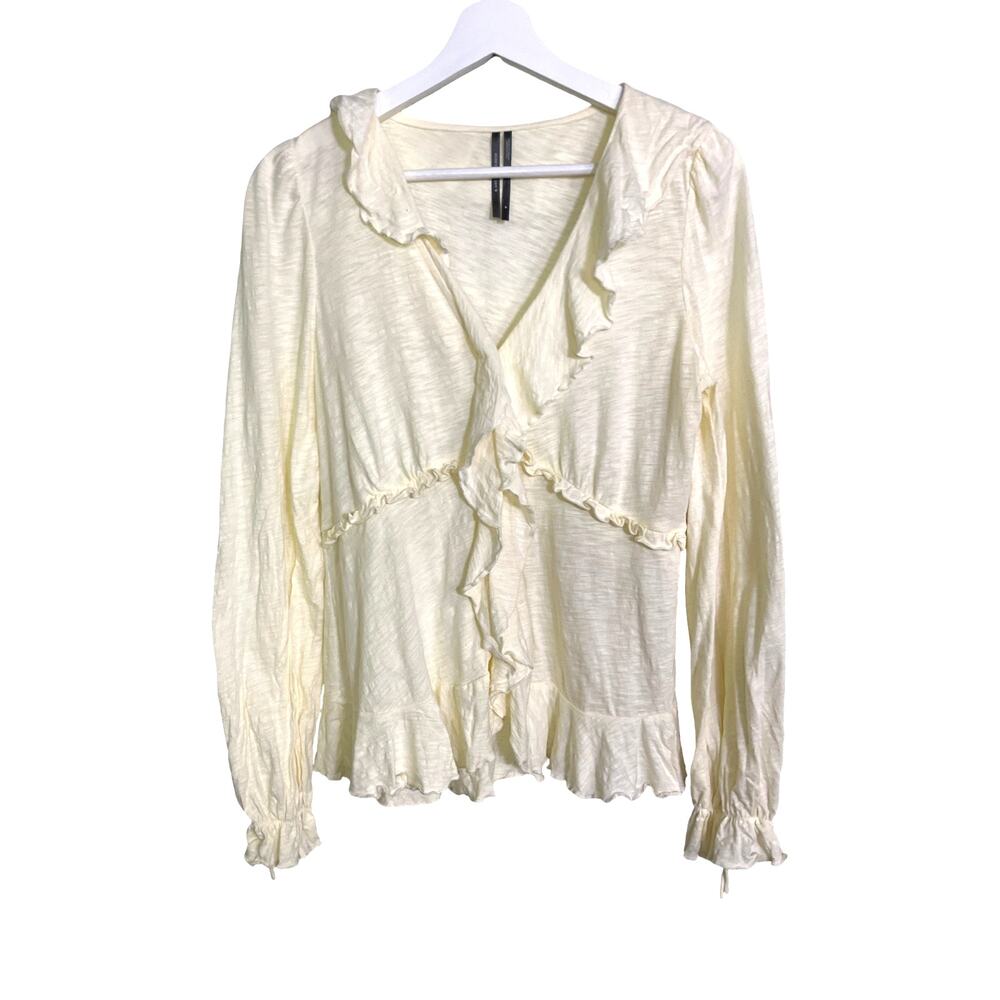 Anthropologie Cream Ruffle Tie Wrist Blouse Women's M Cotton Boho Peplum Top